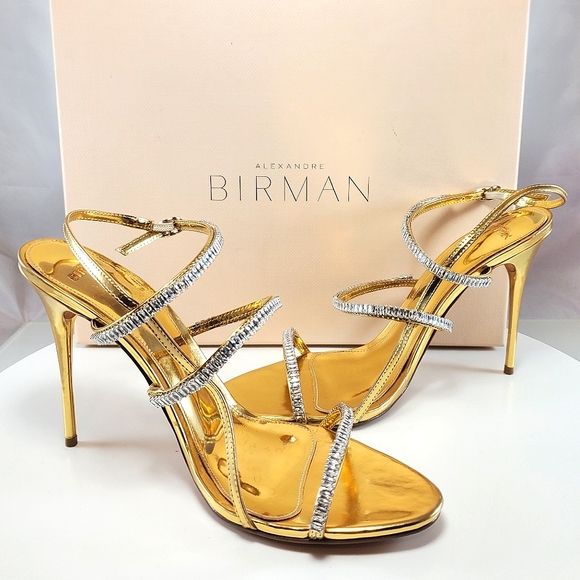 NWT$750 BIRMAN Sally Zirconia 100 Metallic Leather Ankle-Strap Sandals Sz 38.5 - Picture 1 of 16